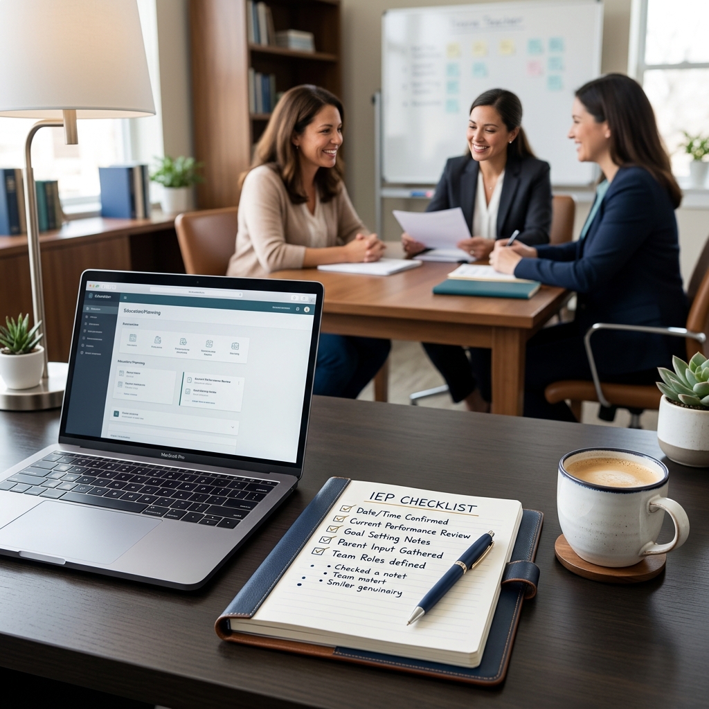 A parent reviewing educational documentation for an IEP meeting, symbolizing preparedness